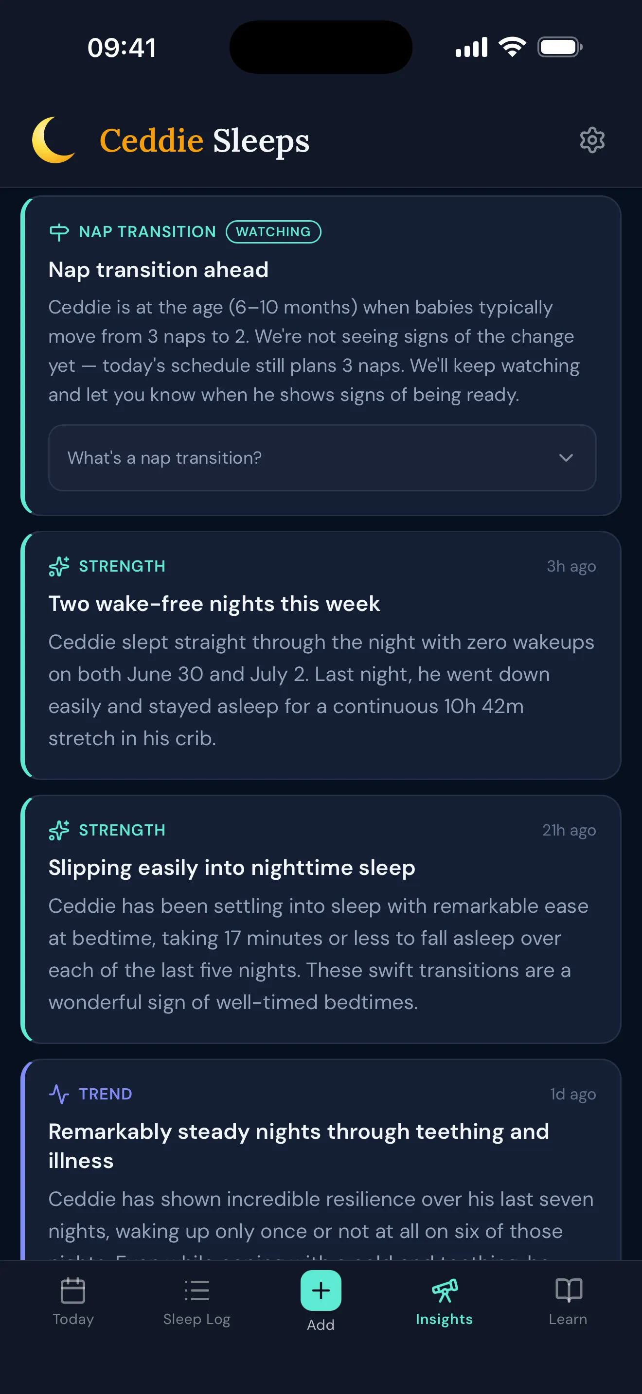Insight cards flagging an upcoming nap transition and highlighting strengths like two wake-free nights this week