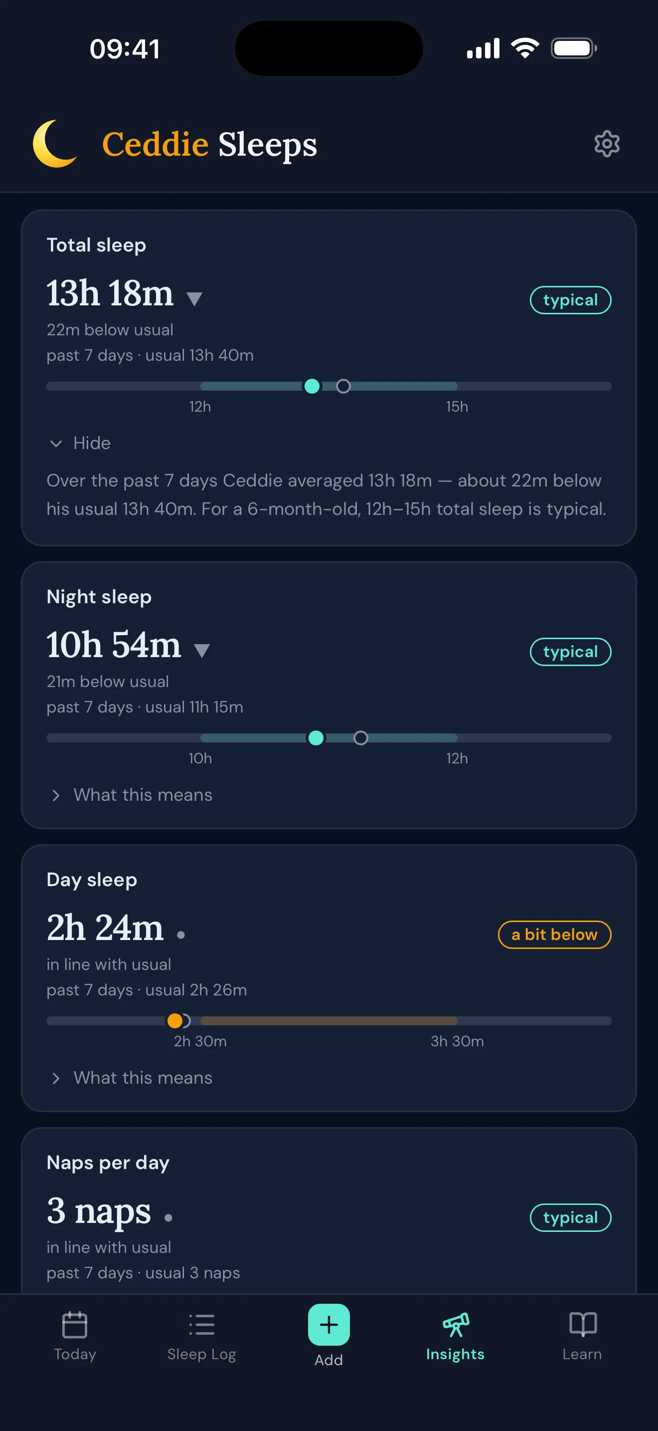 Insights metrics comparing total, night, and day sleep against what's typical for the baby's age