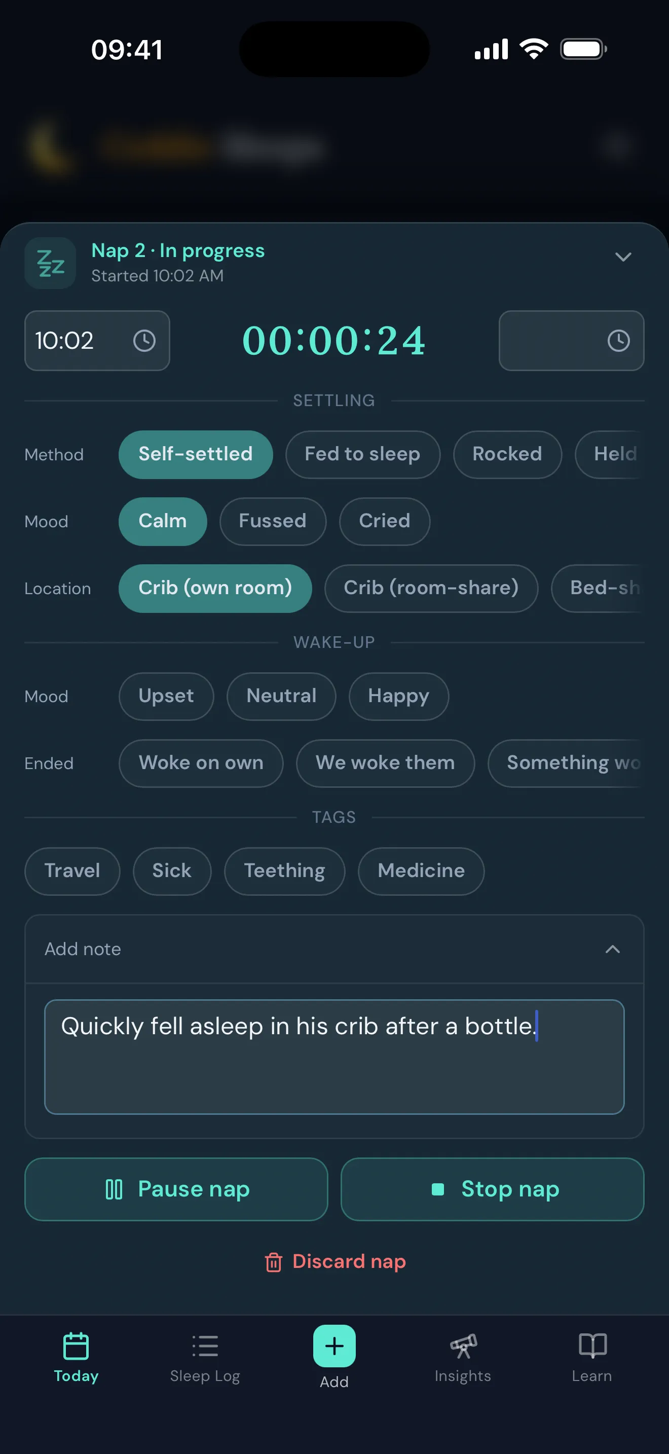 The nap logging screen with one-tap chips for settling method, mood, location, and wake-up, plus a free-text note
