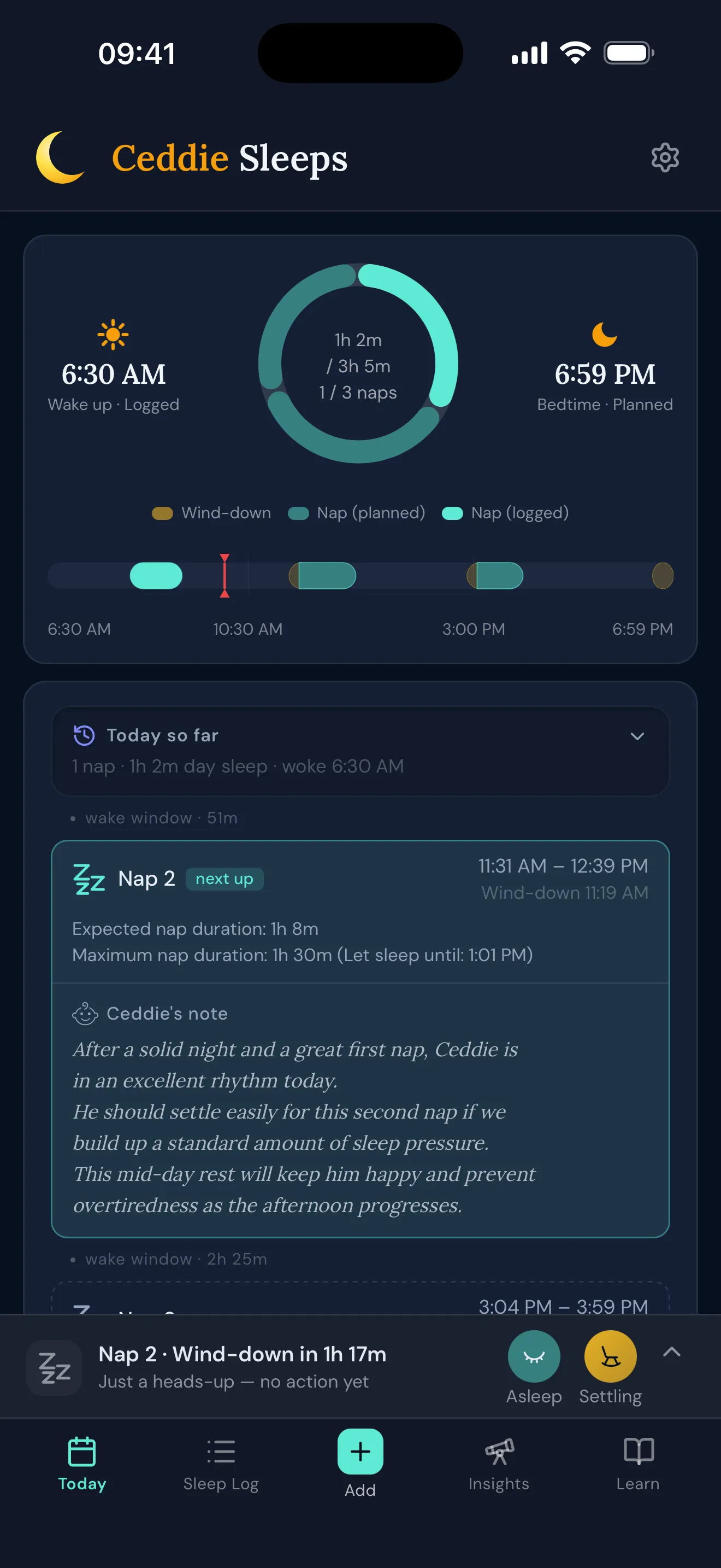 Ceddie's Today view: a day-progress ring, the day's timeline, and the upcoming nap with a note explaining the reasoning behind it